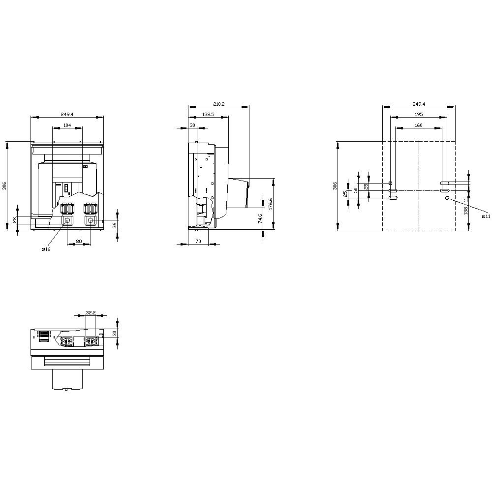 Rysunek techniczny urządzenia z widokiem z przodu, boku i z góry. Wymiary podane są w milimetrach.