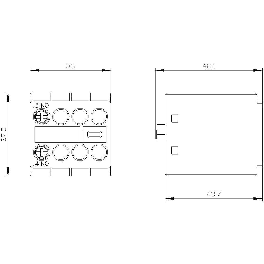 Rysunek techniczny urządzenia elektronicznego z podłączeniami i wymiarami: szerokość 36 mm, długość 48,1 mm, wysokość 37,5 mm.