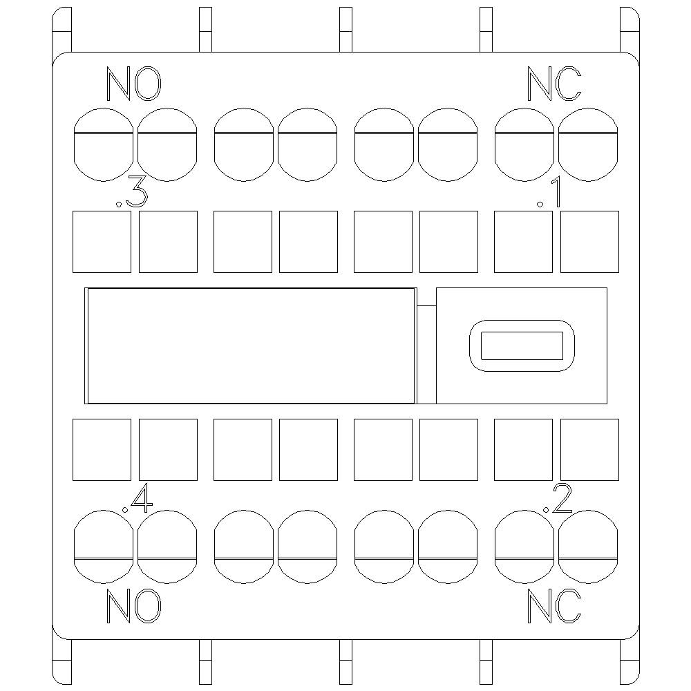 Rysunek techniczny bloku styków z czterema parami styków, oznaczony etykietami 'NO' i 'NC' wskazującymi na styki normalnie otwarte i normalnie zamknięte.