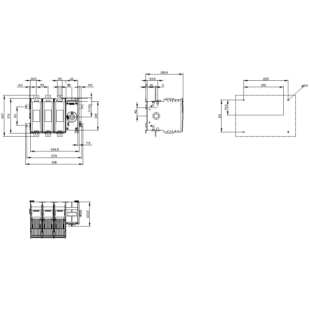 Rysunek techniczny urządzenia elektrycznego z wieloma widokami i wymiarami w milimetrach, przedstawiający szczegółowe parametry geometryczne.