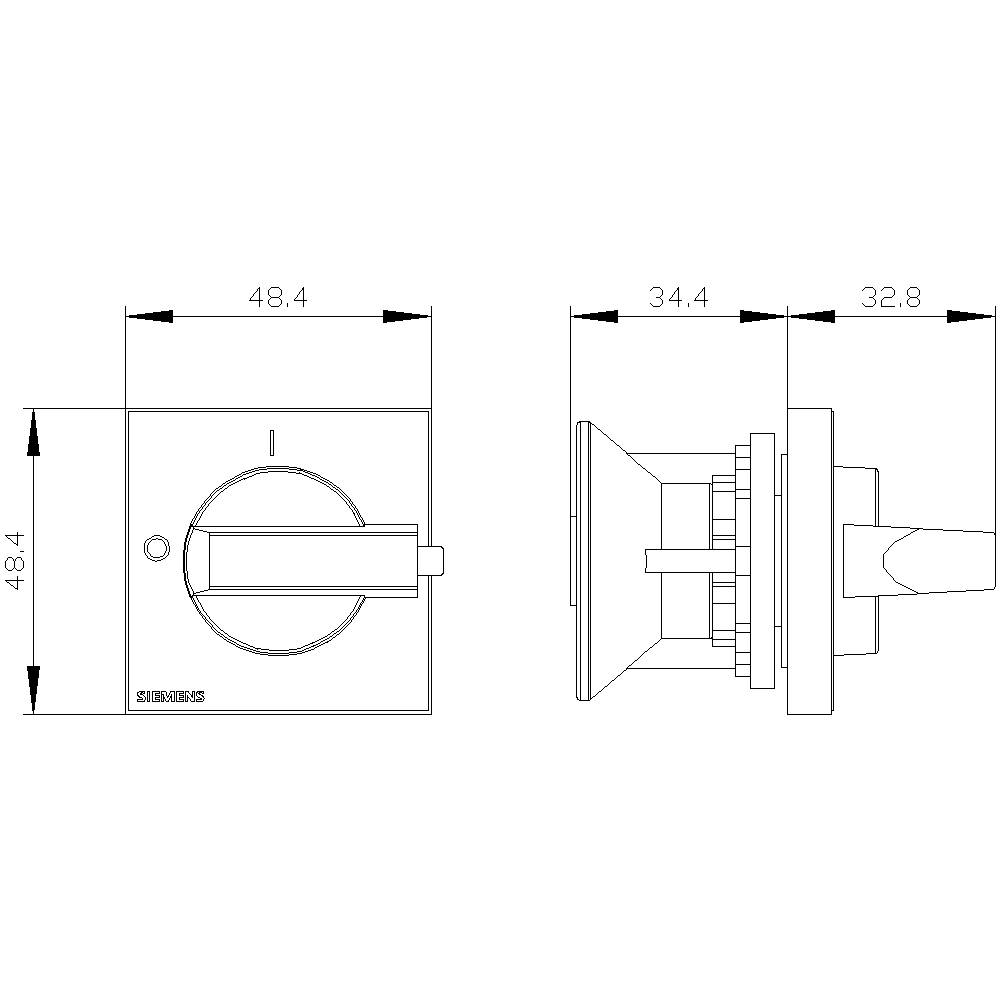 Rysunek techniczny przełącznika kwadratowego w dwóch widokach z wymiarami: 48,4 mm x 48,4 mm, głębokość 34,4 mm i 32,8 mm.