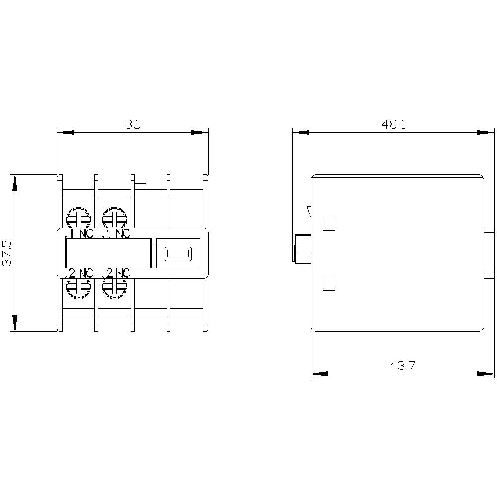 Rysunek techniczny przekaźnika, widok z boku z wymiarami: szerokość 36 mm, wysokość 37,5 mm; widok z góry: długość 48,1 mm, szerokość 43,7 mm.
