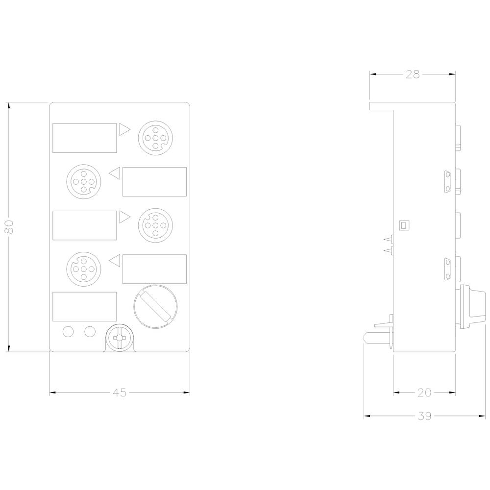 Rysunek techniczny prostokątnego urządzenia z czterema przyłączami o kształcie kołowym oraz pokrętłem. Wymiary: 80x45x28 mm.