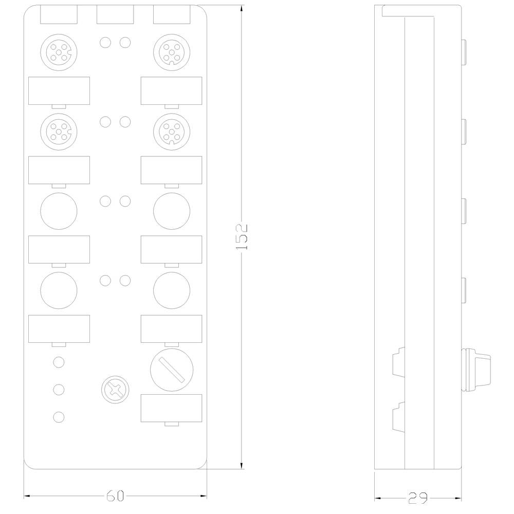Rysunek techniczny przedstawia widok z przodu i z boku prostokątnego elementu elektronicznego z gniazdami przyłączeniowymi i wymiarami.