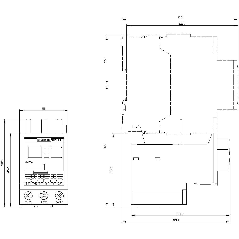 Rysunek urządzenia elektronicznego z wymiarami. Przedstawiono widok z przodu i z boku, wymiary podane w milimetrach.