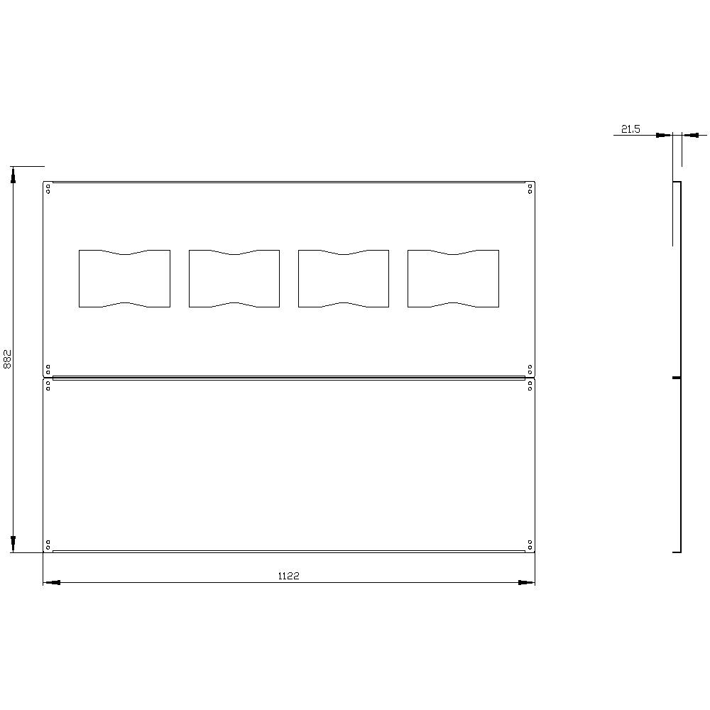 Rysunek techniczny prostokątnego obiektu o dokładnych wymiarach: szerokość 1122 mm, wysokość 802 mm, głębokość 215 mm. Na górze cztery wycięcia o kształcie falistym.