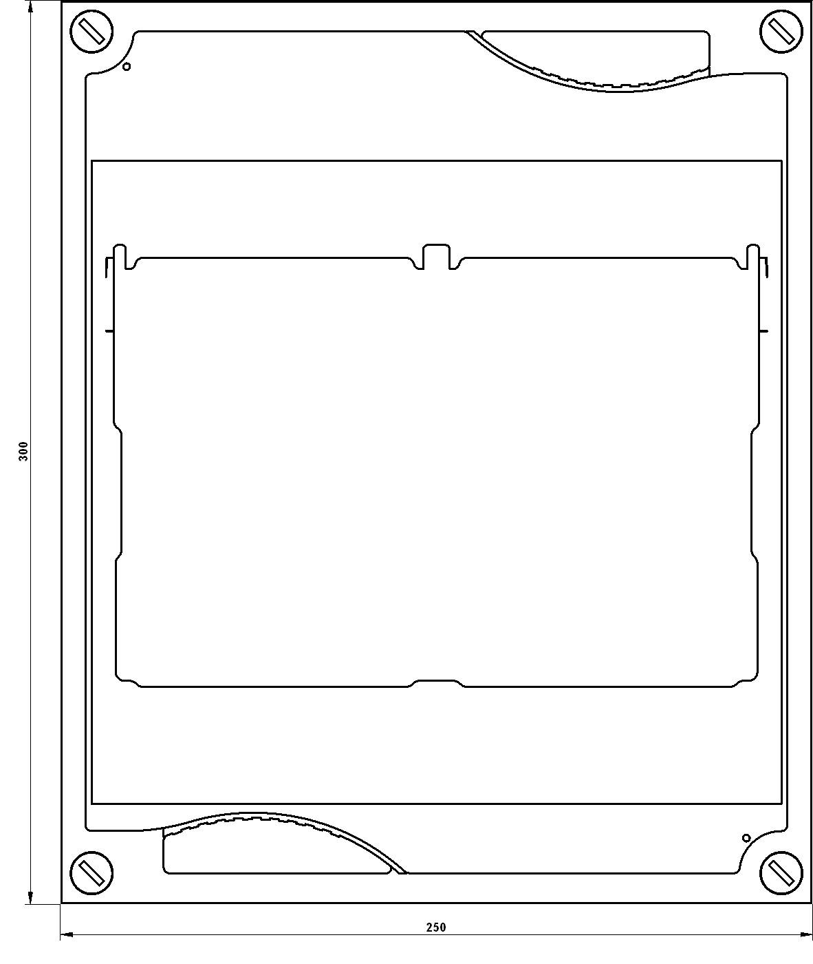 Rysunek techniczny prostokątnej obudowy o wymiarach 250 mm x 350 mm. Przedstawia otwory w narożnikach i w środku.
