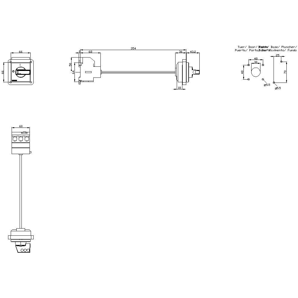Rysunek techniczny cylindra z dokładnymi wymiarami i szczegółami przyłączy. Przedstawia widoki z przodu, z boku oraz z góry.