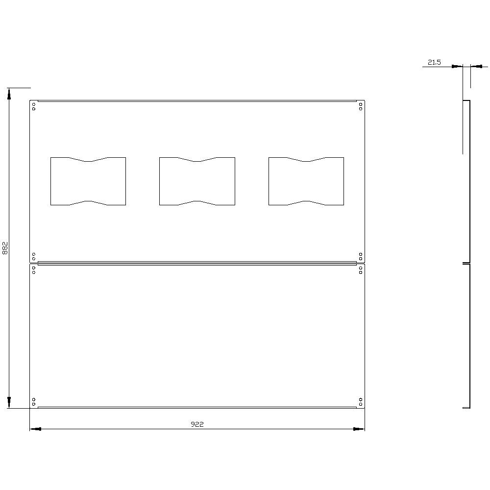 Rysunek techniczny prostokątnego elementu metalowego z trzema wyciętymi otworami o kształcie falistym, wymiary: 992 x 962 mm, grubość: 21,5 mm.