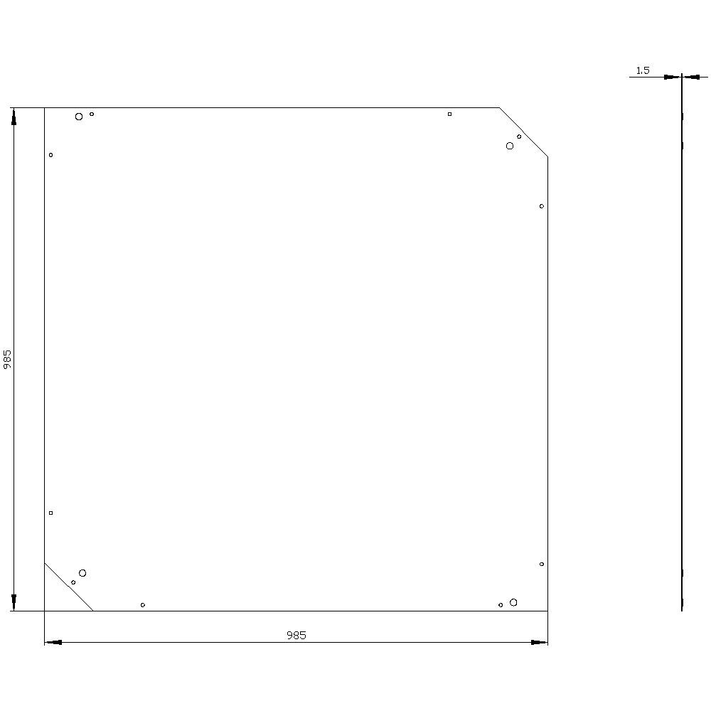 Rysunek techniczny prostokątnej blachy metalowej: wysokość 995 mm, szerokość 985 mm, z wieloma otworami oraz ściętym narożnikiem.