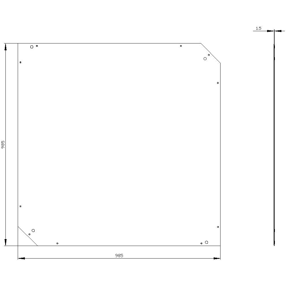 Rysunek techniczny metalowego arkusza kwadratowego, 985 x 985 mm, grubość 1,5 mm, z otworami w narożnikach i krawędziach.