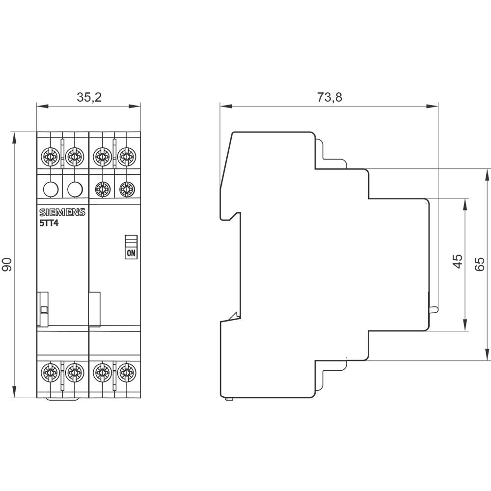 Rysunek techniczny wyłącznika elektrycznego z wymiarami: 35,2 mm szerokości, 73,8 mm głębokości, 90 mm wysokości. Widok boczny i czołowy.