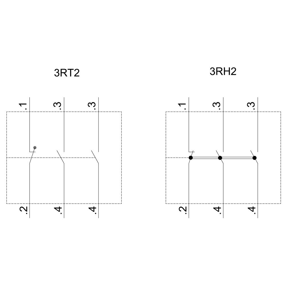 '3RT2' wskazuje na styk rozwarty, '3RH2' wskazuje na styk zwarty. Diagram ilustruje obwody elektryczne.