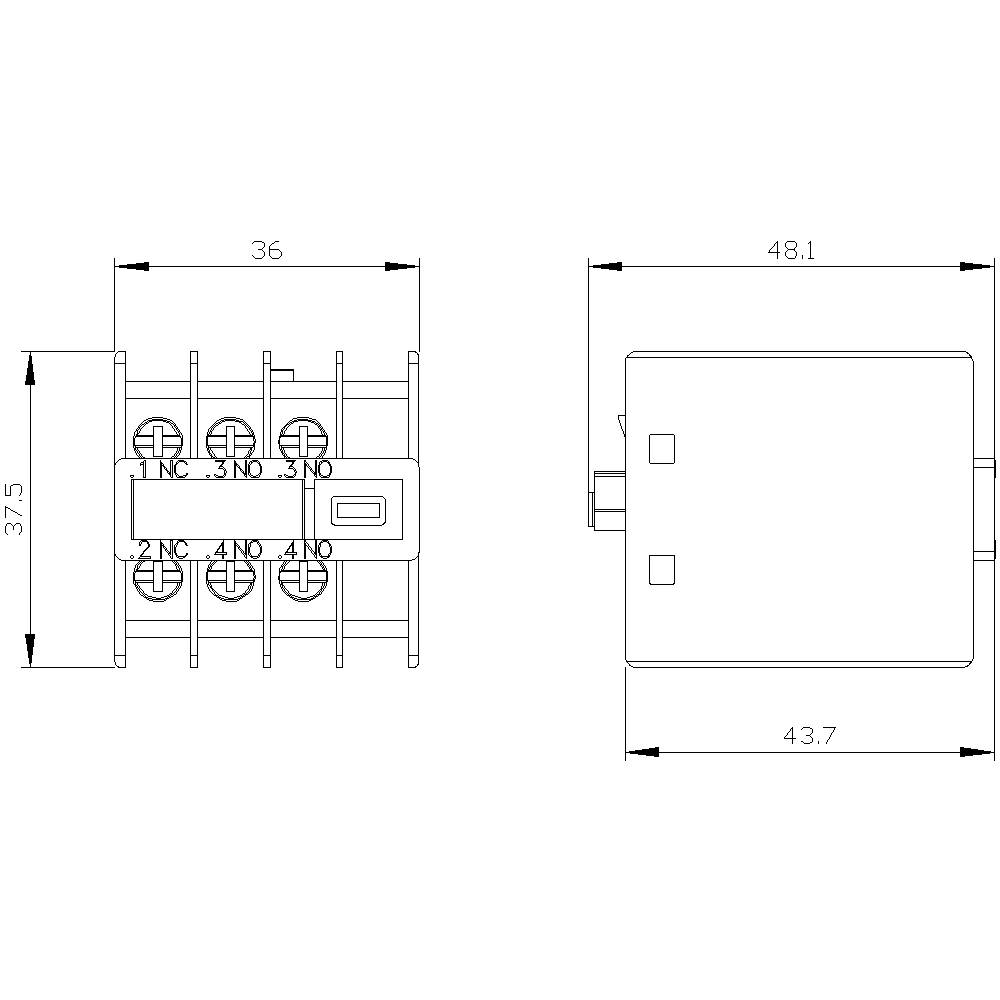 Rysunek techniczny przekaźnika elektrycznego z widokiem z boku i z tyłu. Wymiary: 36x37,5 mm oraz 48,1x43,7 mm. Przyłącza: 1NC, 1NO, 2NC, 4NO.