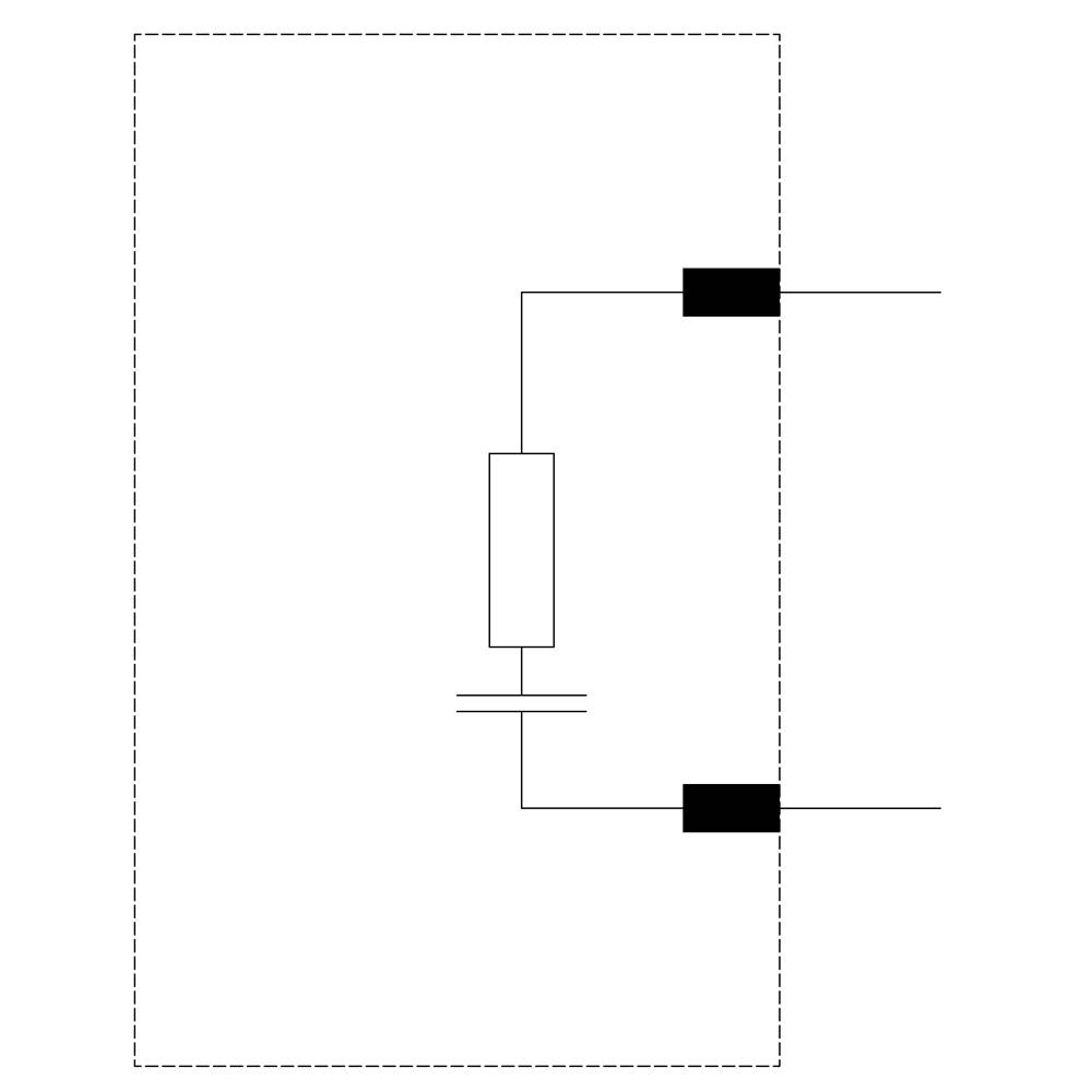Elektryczny schemat połączeń z rezystorem w obwodzie elektrycznym, połączonym za pomocą dwóch czarnych pasków. Diagram przedstawia prostą instalację elektryczną.