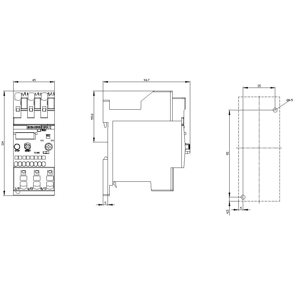 Rysunek techniczny elektrycznego przełącznika z wymiarami i schematami połączeń. Przedstawia widok z przodu, z boku i z tyłu.
