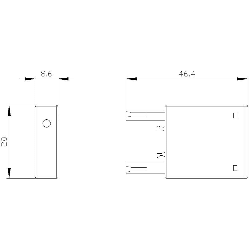 Rysunek techniczny ładowarki z wymiarami: szerokość 8,6 mm, wysokość 28 mm, głębokość 46,4 mm. Widok z boku i z przodu.