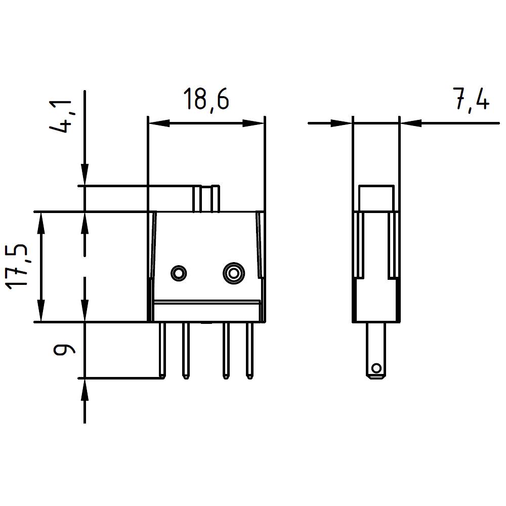 Rysunek techniczny wtyczki z wymiarami: wysokość 17,5 mm, szerokość 18,6 mm, głębokość 7,4 mm. Przedstawia rozmieszczenie i wielkość złączy.