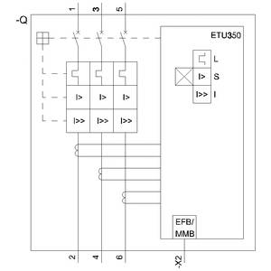 Schemat elektrycznego wyłącznika ochronnego z trzema zaciskami i oznaczeniami. Przedstawia jednostkę ETU350 oraz moduł EFB/MMB.