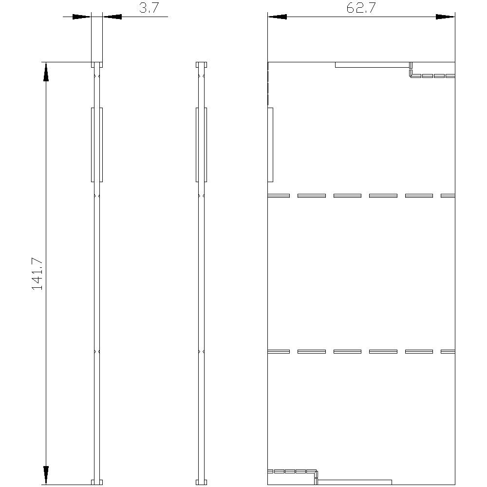 Rysunek techniczny prostokątnego obiektu o wymiarach 141,7 x 62,7 x 3,7, przedstawiony w widoku bocznym i czołowym.