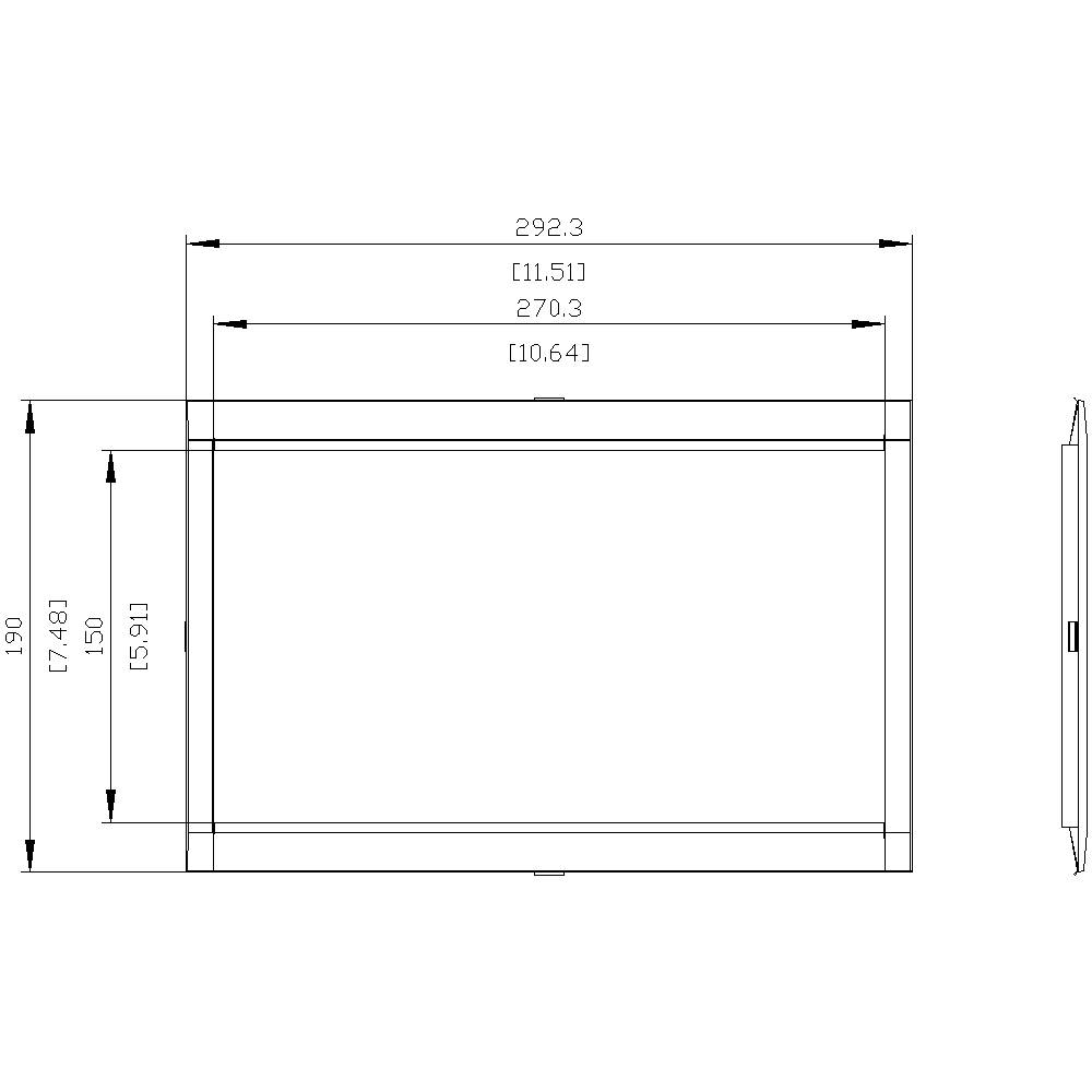 Rysunek techniczny prostokątnego obiektu z wymiarami w milimetrach i calach. Długość: 292,3 mm, szerokość: 198,9 mm.