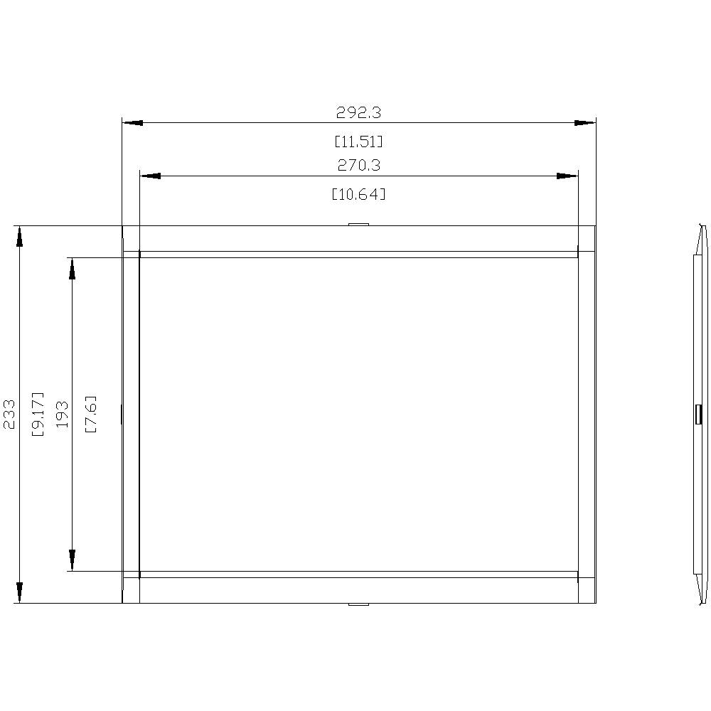 Rysunek techniczny prostokątnego obiektu z wymiarami: szerokość 292,3, wysokość 233, wymiary wewnętrzne: szerokość 270,3, wysokość 193.
