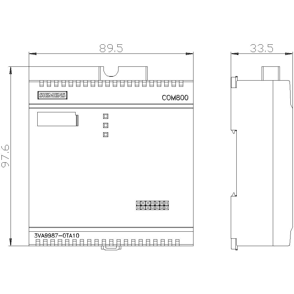 Rysunek techniczny modułu Siemens COM800 z wymiarami: 97,6 mm wysokości, 89,5 mm szerokości, 33,5 mm głębokości.