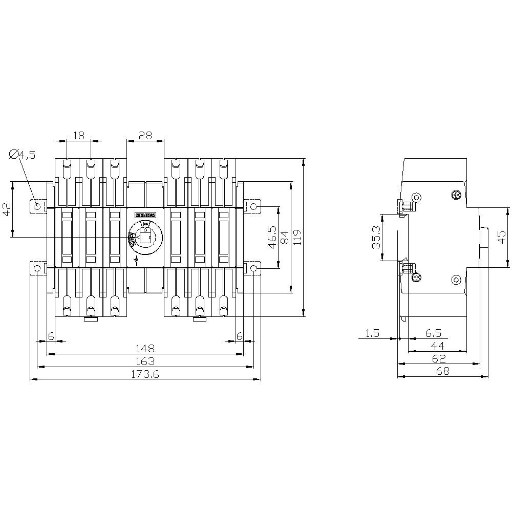 Szkic schematu elektrycznego przełącznika ze szczegółowymi wymiarami w milimetrach; widok z przodu i z boku.