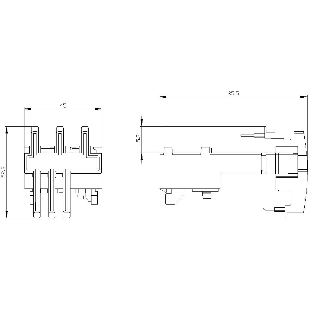 Rysunek techniczny wtyczki z wymiarami: szerokość 45 mm, długość 85,5 mm, wysokość 15,3 mm.