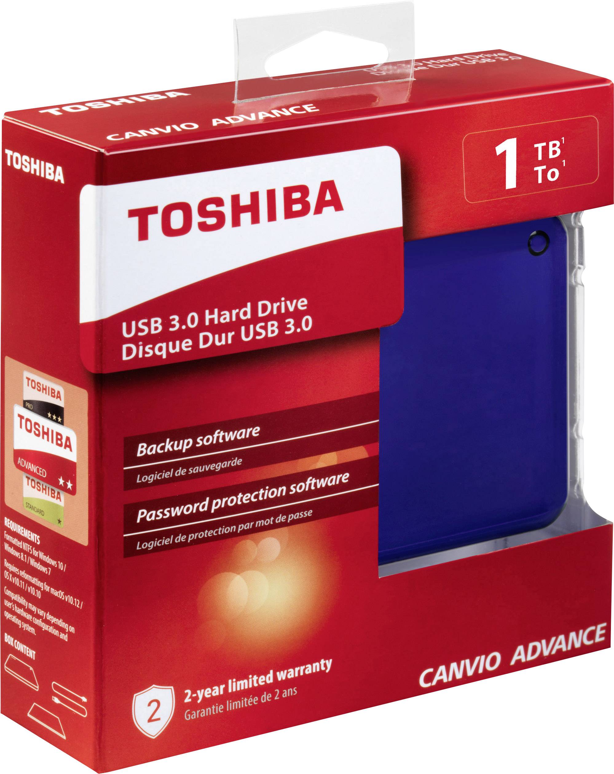 Zewnętrzny dysk twardy Toshiba Canvio Advance, 1 TB, USB 3.0, w niebieskim opakowaniu. Funkcje: oprogramowanie do kopii zapasowych i ochrony hasłem, 2-letnia gwarancja.