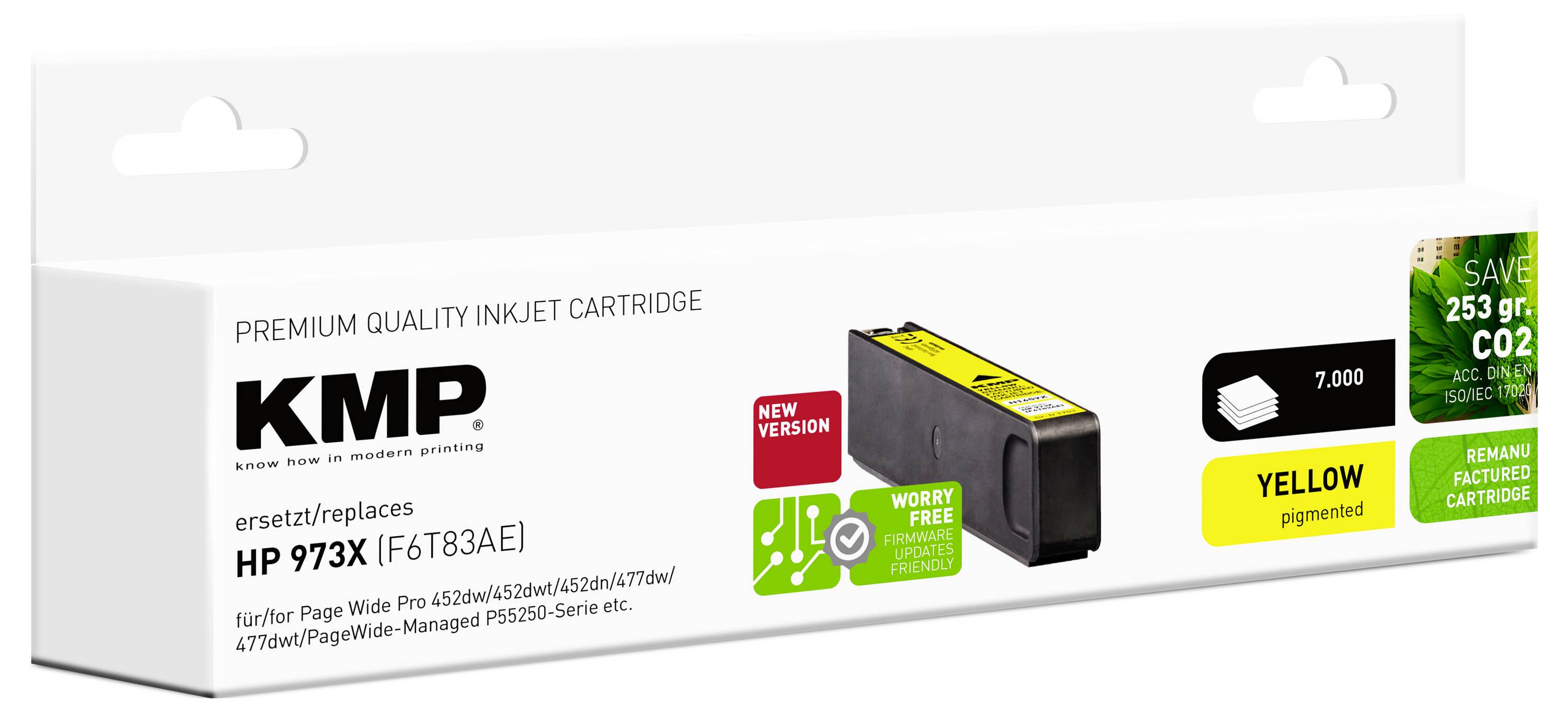 Wkład atramentowy KMP w kolorze żółtym z pigmentem, zamiennik HP 973X, kompatybilny z drukarkami PageWide Pro B/W 452dw, 477dw, oznaczony jako 'Nowa wersja'.