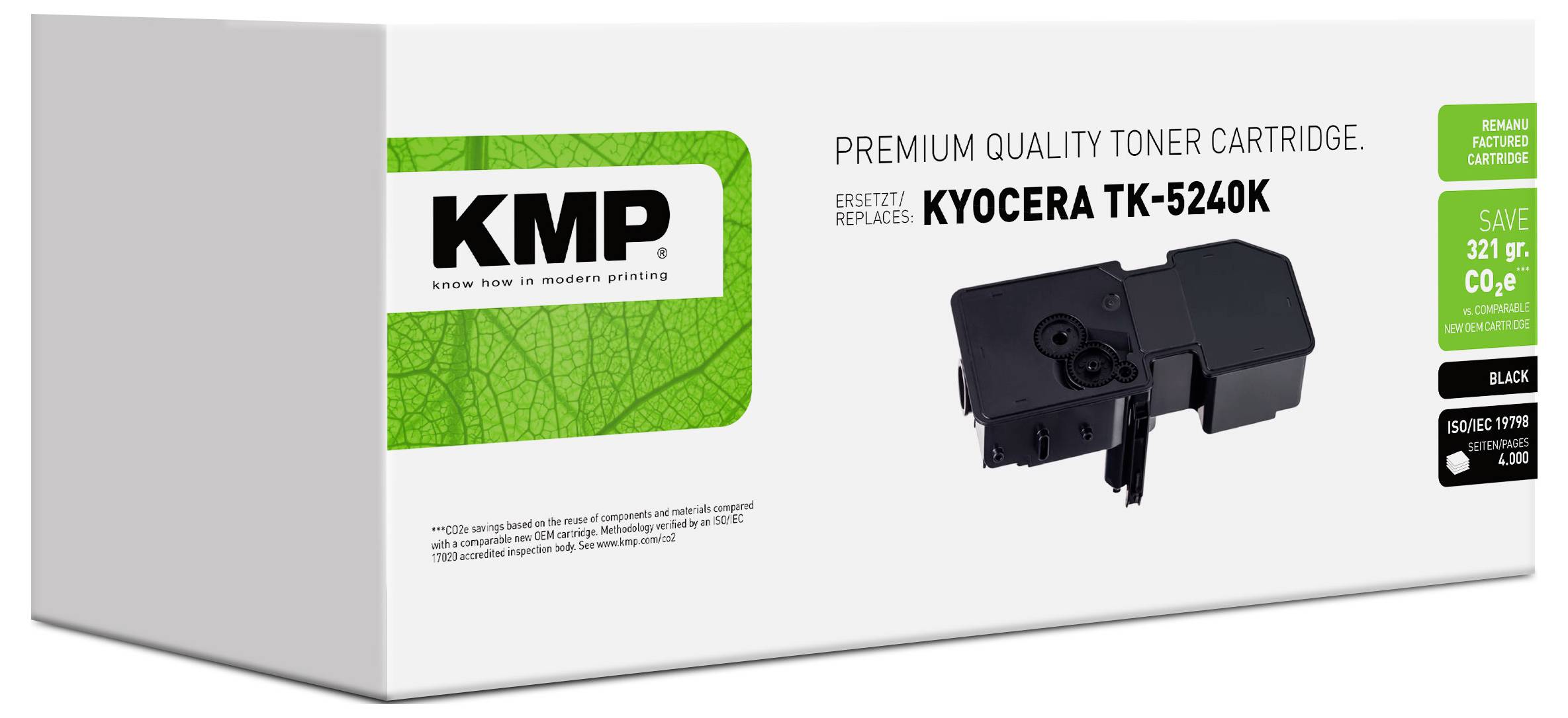 Toner KMP o najwyższej jakości do urządzenia Kyocera TK-5240K, czarny kartridż zamiennika pokazany na opakowaniu produktu.