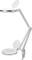 Biała lampa powiększająca z regulowanym ramieniem i zaciskiem do blatu. Przeznaczona głównie do precyzyjnych prac lub dokładnych obserwacji.