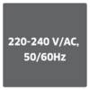 Szary tło z czarnym napisem '220-240 V/AC, 50/60 Hz', wskazujący napięcie i częstotliwość urządzenia.
