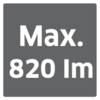 Szare pole z napisem 'Maks. 820 lm', wskazujące maksymalną wydajność świetlną w lumenach.