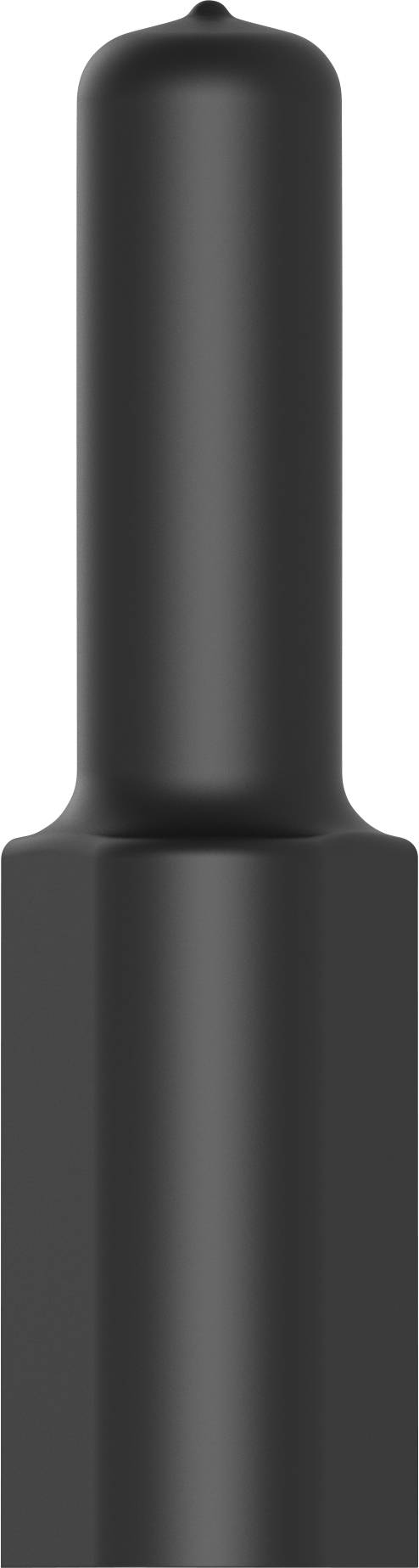 Długi, czarny cylinder o zaokrąglonym czubku, ustawiony pionowo.