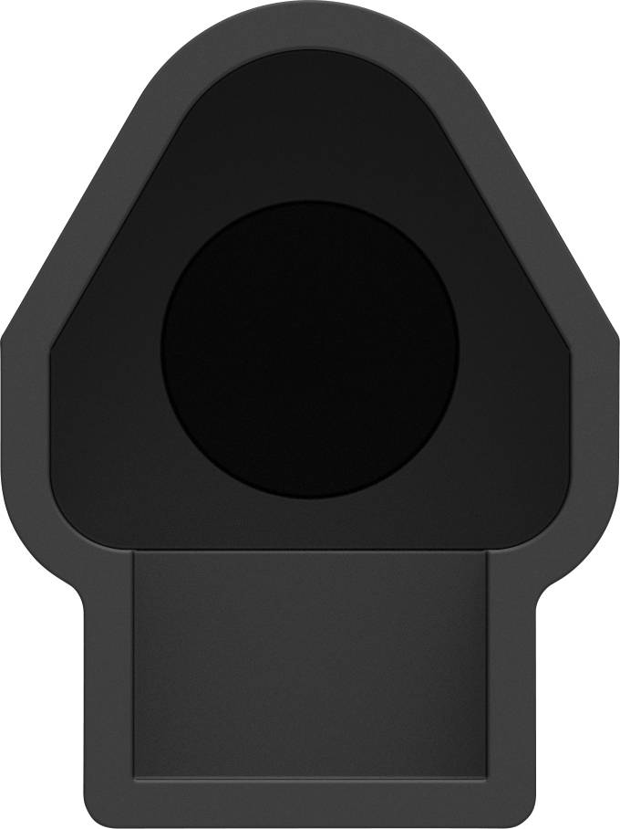 Czarny, dzwonowaty obiekt z okrągłym otworem pośrodku i prostokątną podstawą.