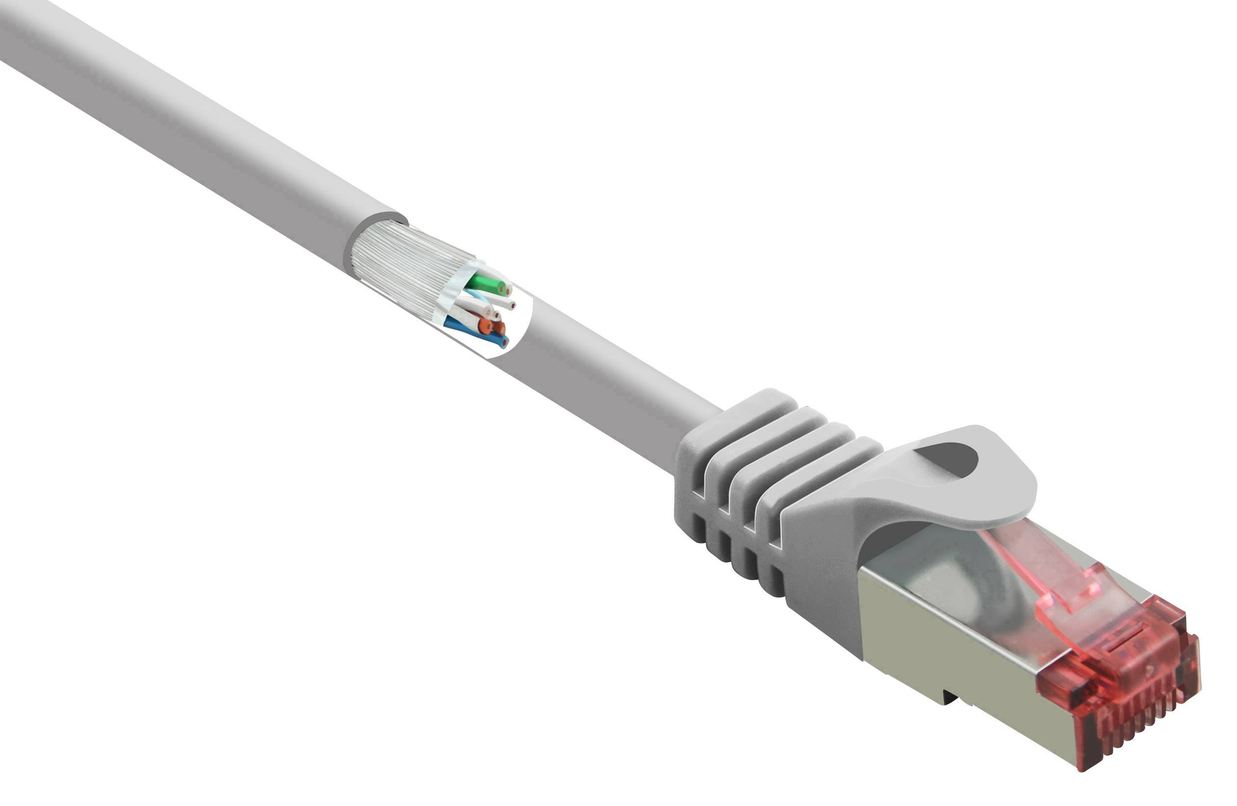Szary kabel Ethernet z czerwonym wtykiem, z częściowo widocznymi przewodami wewnętrznymi do transmisji danych.