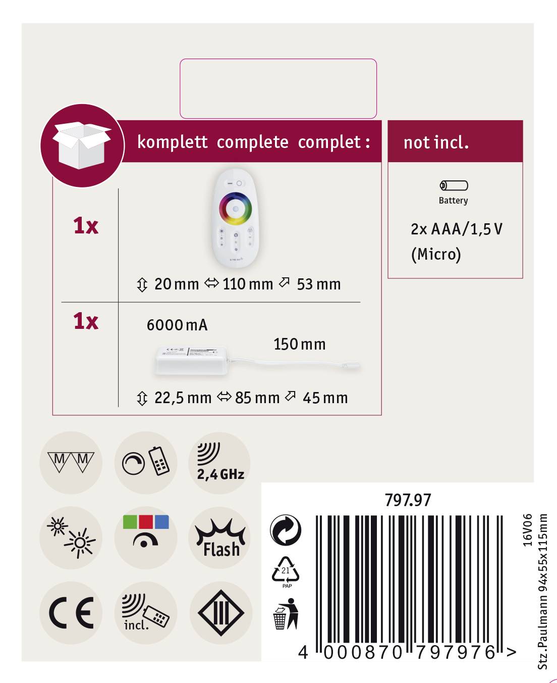 Tylna strona opakowania z ilustracjami: Pilot zdalnego sterowania i 2 baterie AAA, nie dołączone. Przedstawione wymiary i symbole funkcji. Kod kreskowy u dołu.