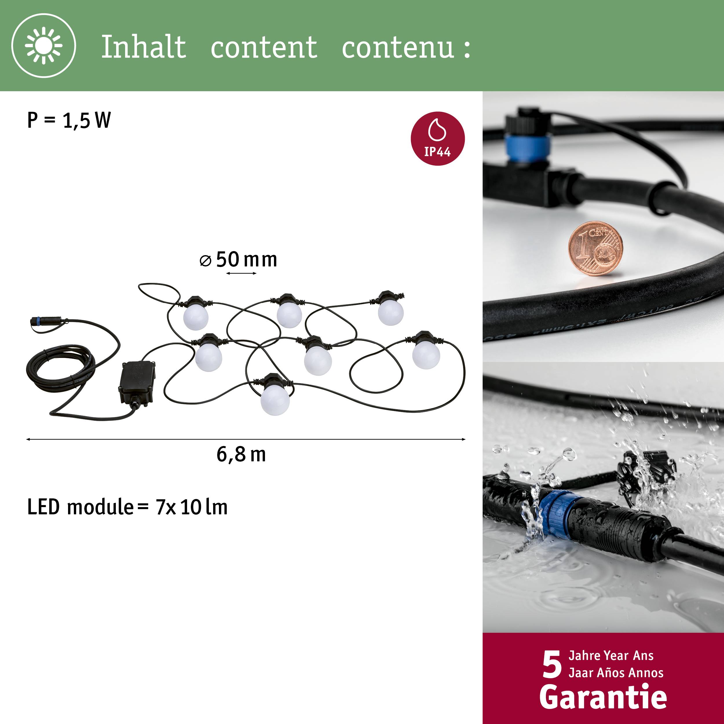 'Łańcuch świetlny LED, 1,5 W, IP44, kule 50 mm, długość 6,8 m. 5 lat gwarancji. Odpowiedni do zastosowań na zewnątrz. Zawiera 7 modułów LED.'