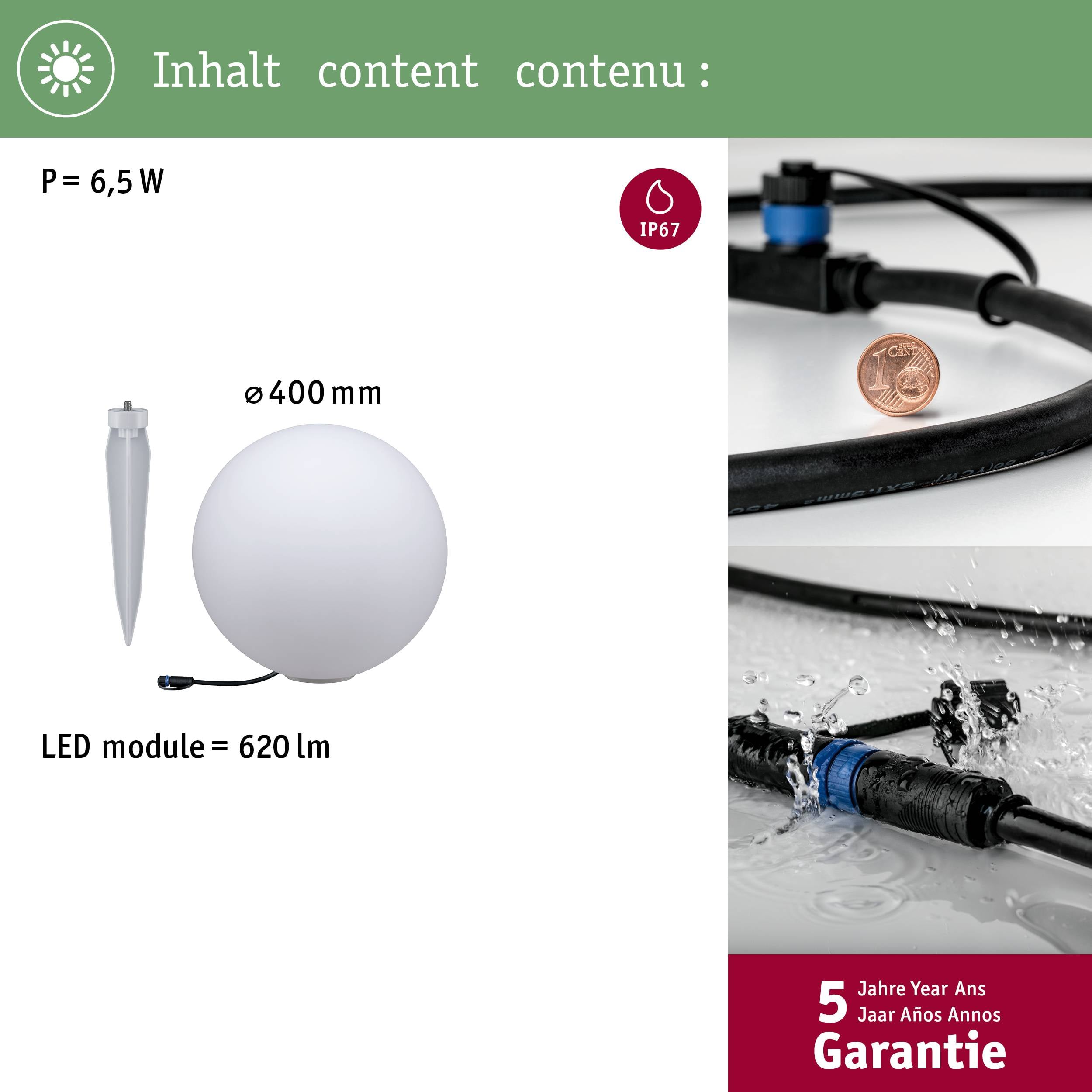 Biała lampa LED o średnicy 400 mm i mocy 6,5 W, w zestawie z grotem ziemnym. Certyfikat IP67, 620 lumenów. 5 lat gwarancji.