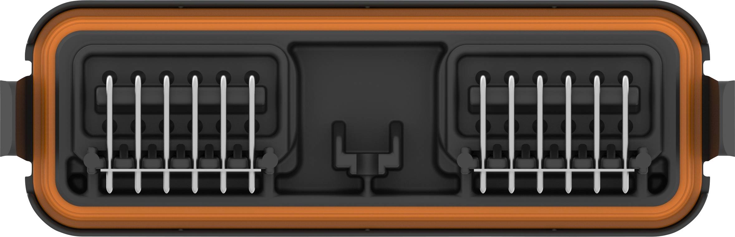 Czarny złącz z wieloma metalowymi stykami, otoczony pomarańczowym pierścieniem uszczelniającym.