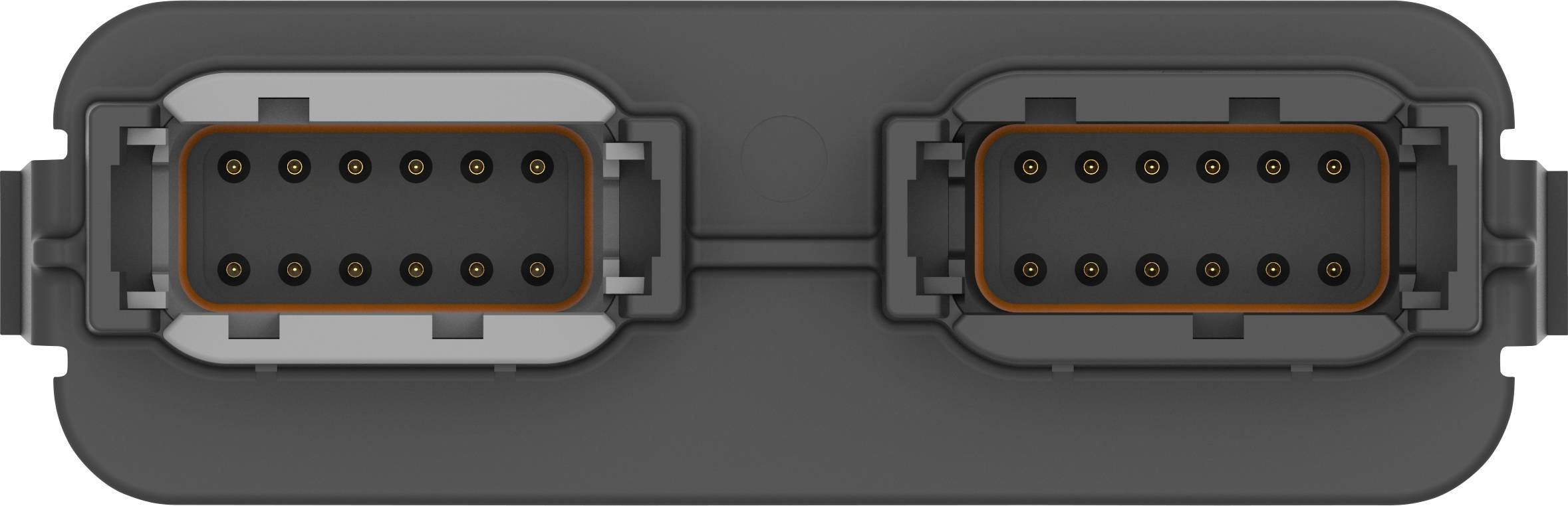 'Dwa prostokątne, czarne złącza z wieloma złotymi stykami, zamocowane na ciemnej powierzchni.'