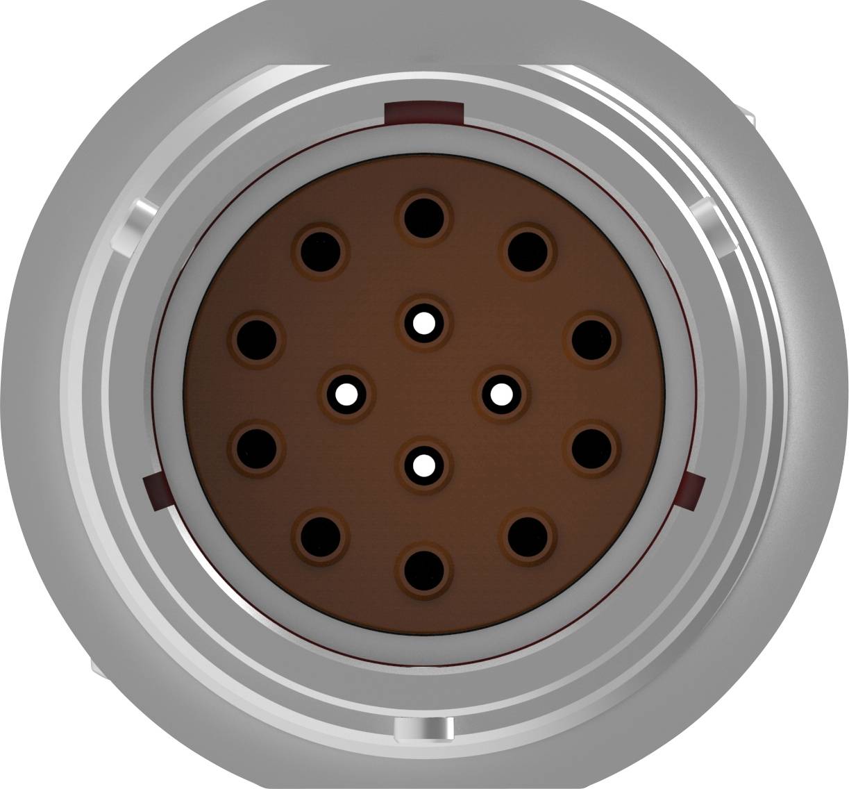 Zbliżenie okrągłej wtyczki z jedenaścioma otworami ułożonymi w kształcie koła, otoczonej srebrną metalową obudową.