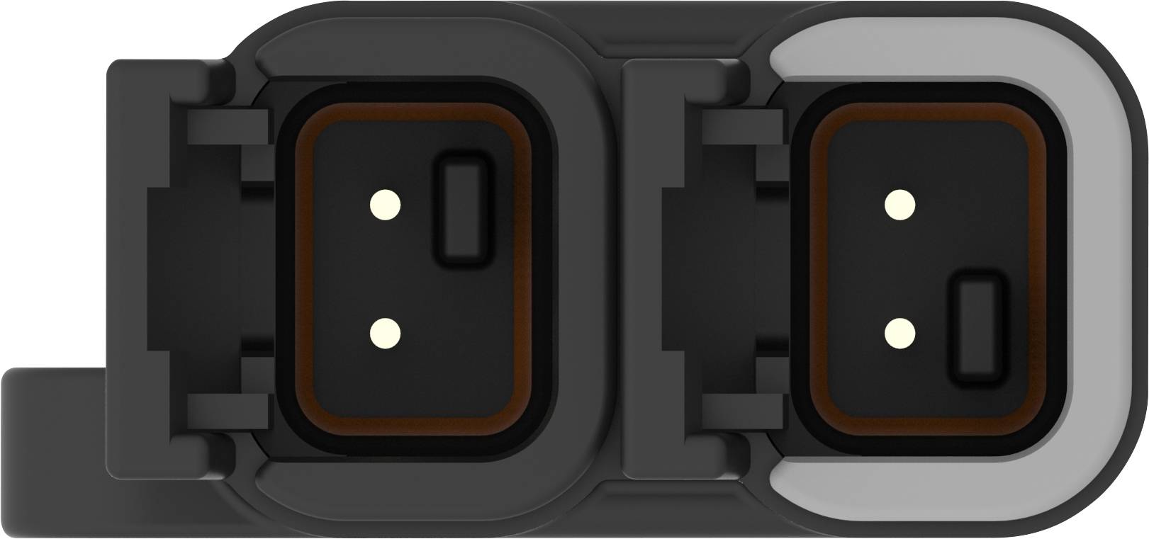 Czarny prostokątny złącz z dwoma rzędami złotych styków, otoczony szarą ramką, widziany z góry.