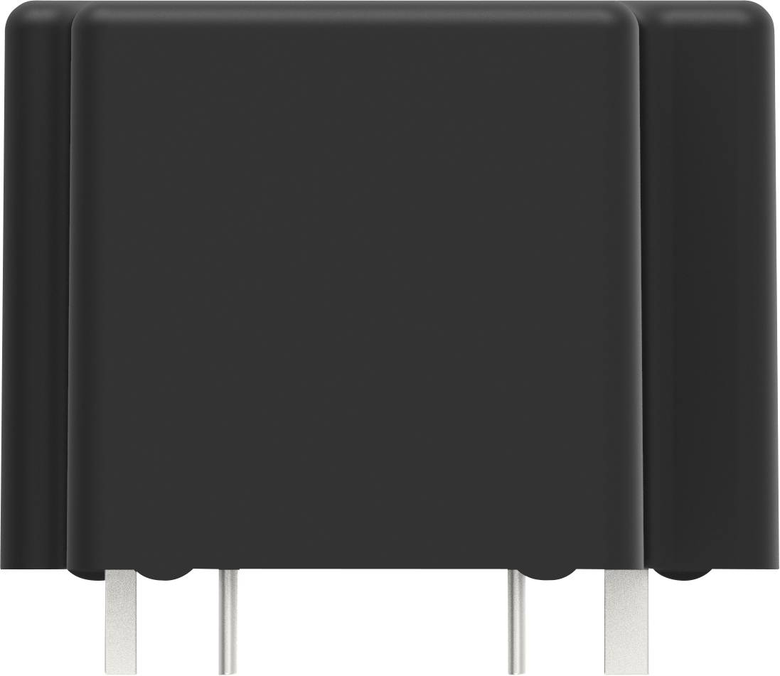 Czarny, prostokątny, trójbiegunowy adapter wtykowy na białym tle.