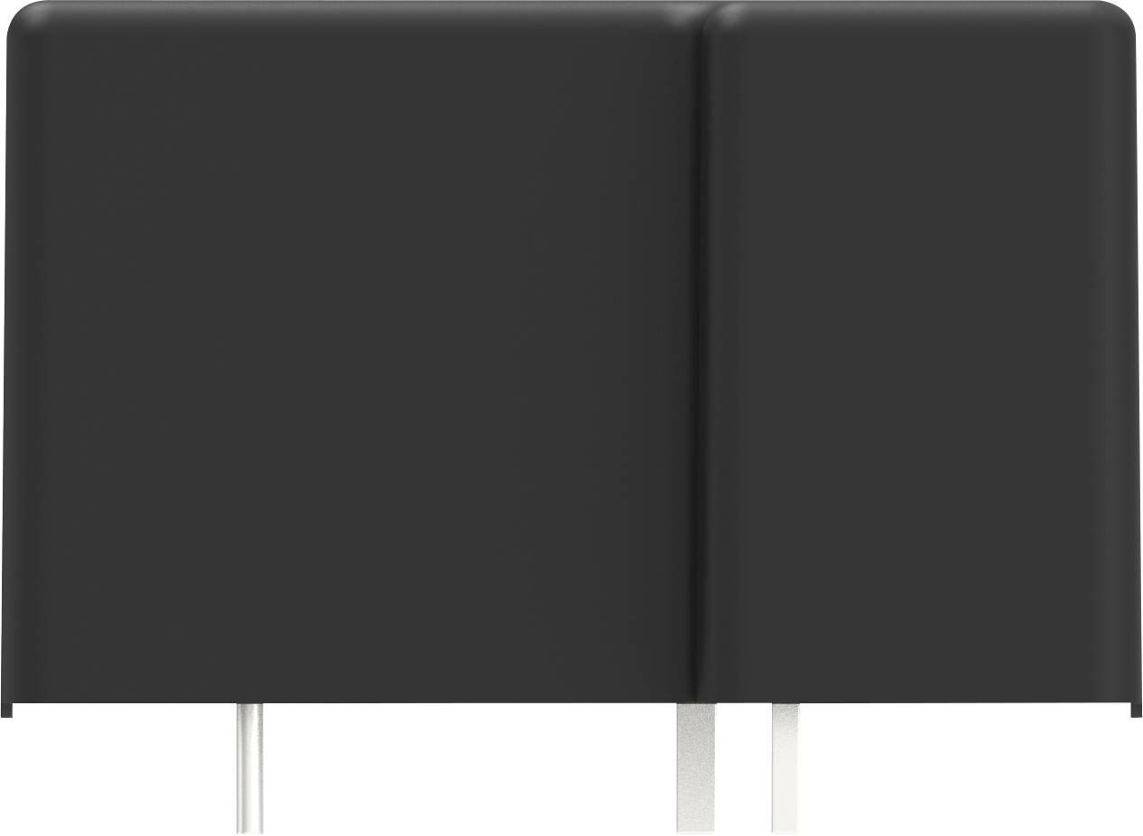 Czarny, prostokątny element elektroniczny z dwoma srebrnymi stykami metalowymi od spodu, często stosowany w obwodach elektronicznych.