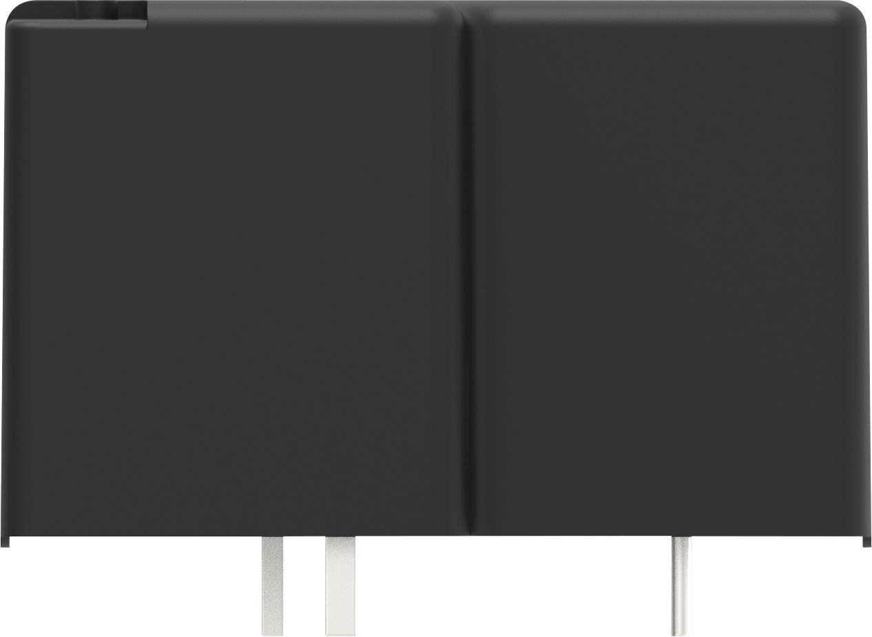 Czarny element elektroniczny z dwoma metalowymi stykami od spodu, prawdopodobnie przekaźnik lub czujnik, przeznaczony do zastosowań technicznych.