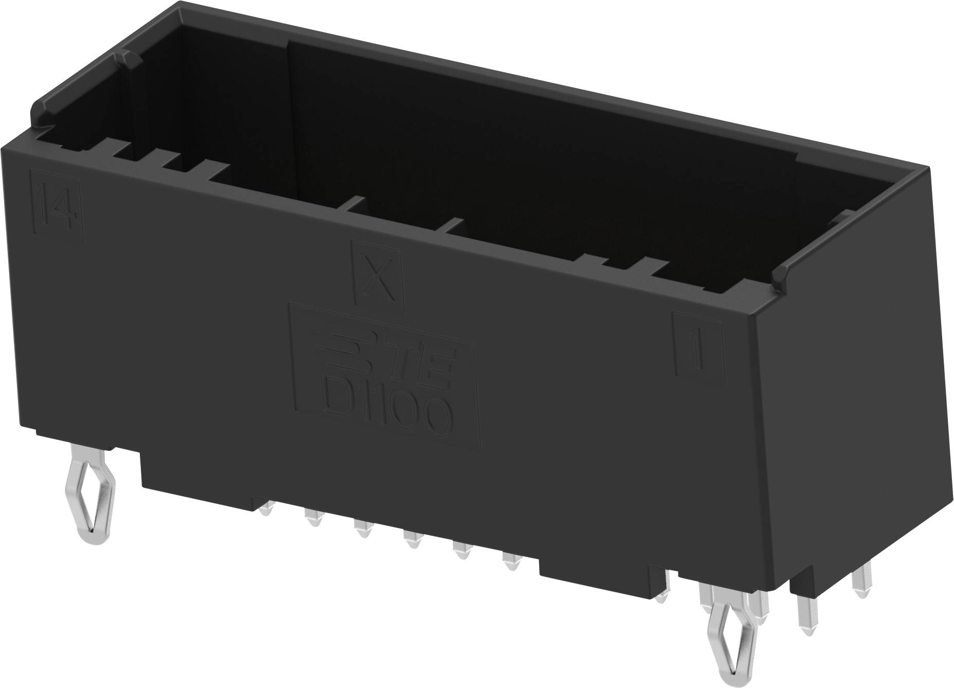 Prostokątna czarna wtyczka elektroniczna z wieloma metalowymi stykami od spodu, przeznaczona do montażu na płytce drukowanej.