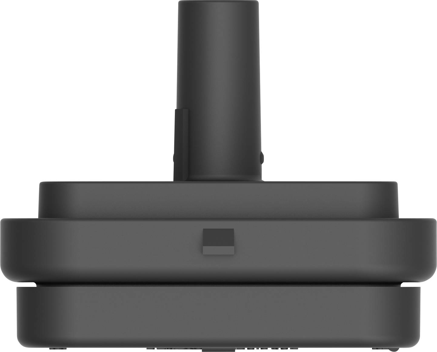 Czarny, prostokątny sprzęt z pionowym cylindrem pośrodku.